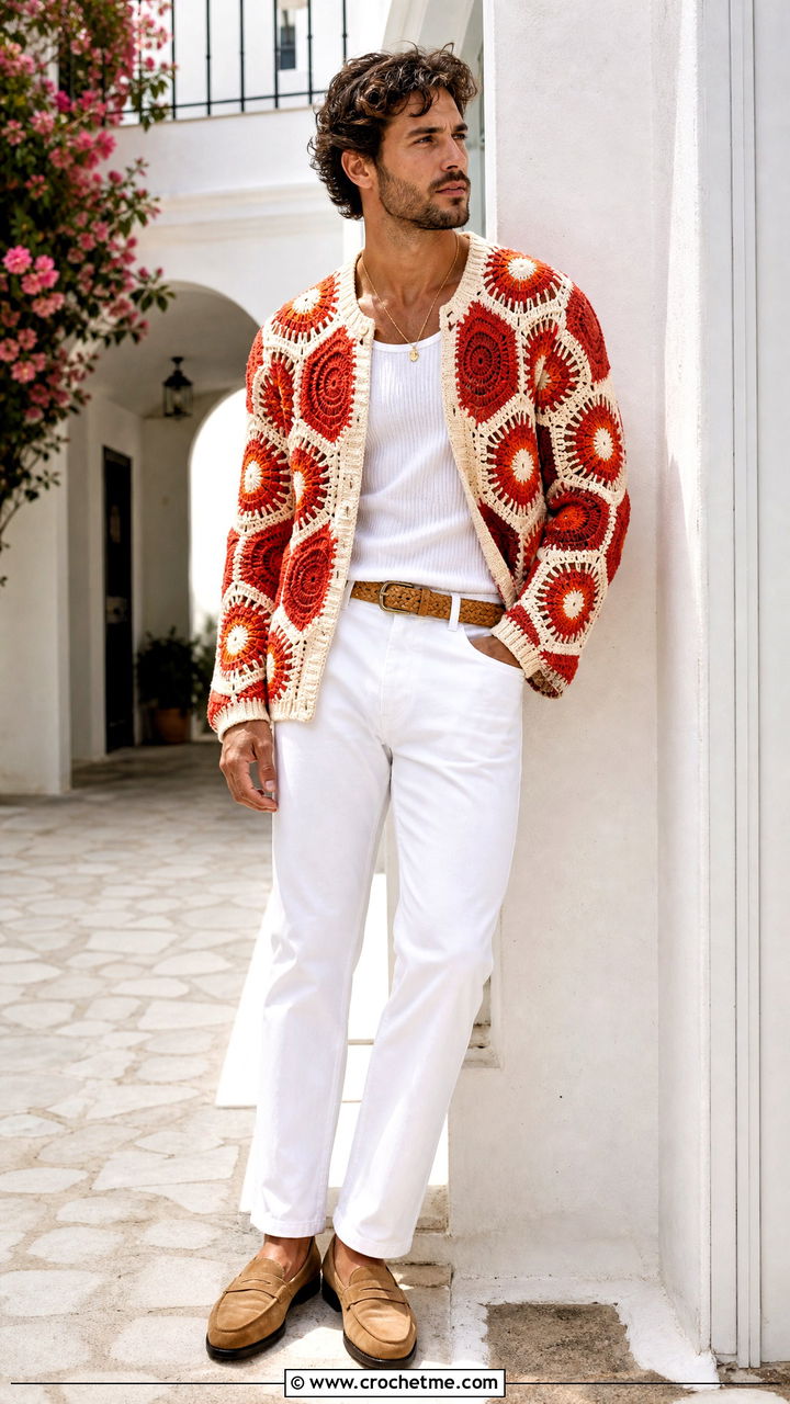 Sunburst Granny Square Crochet Jacket With White Denim - 35 crochet jacket for men outfit ideas