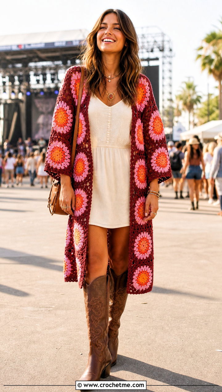 Sunburst Granny Square Crochet Kimono Cardigan With Mini Dress - 35 crochet kimono cardigan outfit ideas