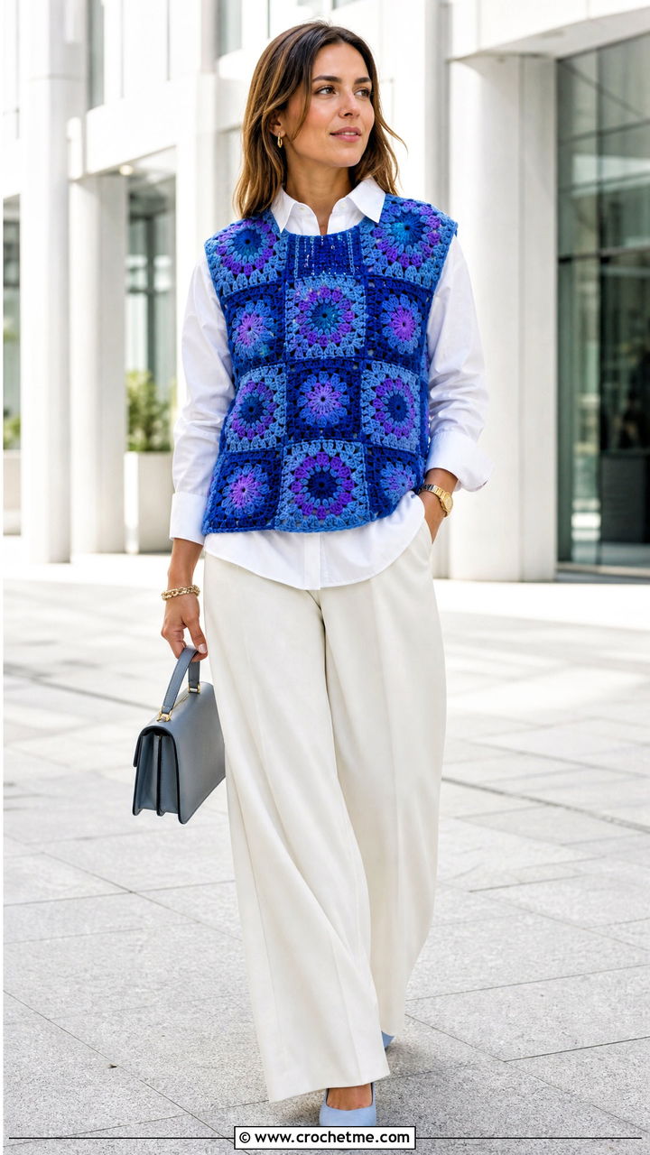 Sunburst Granny Square Crochet Sweater Vest With Wide Leg Trousers - 35 crochet sweater vest outfit ideas