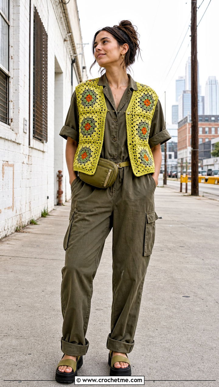 Sunburst Granny Square Crochet Vest With Utility Jumpsuit - 35 crochet vest for women outfit ideas