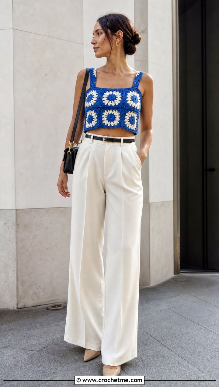 Sunburst Granny Square Crop Top With Wide Leg Trousers - 35 Granny Square Outfit ideas