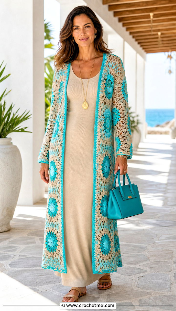 Sunburst Granny Square Duster Cardigan With Column Dress - 35 sunburst granny square cardigan outfit ideas