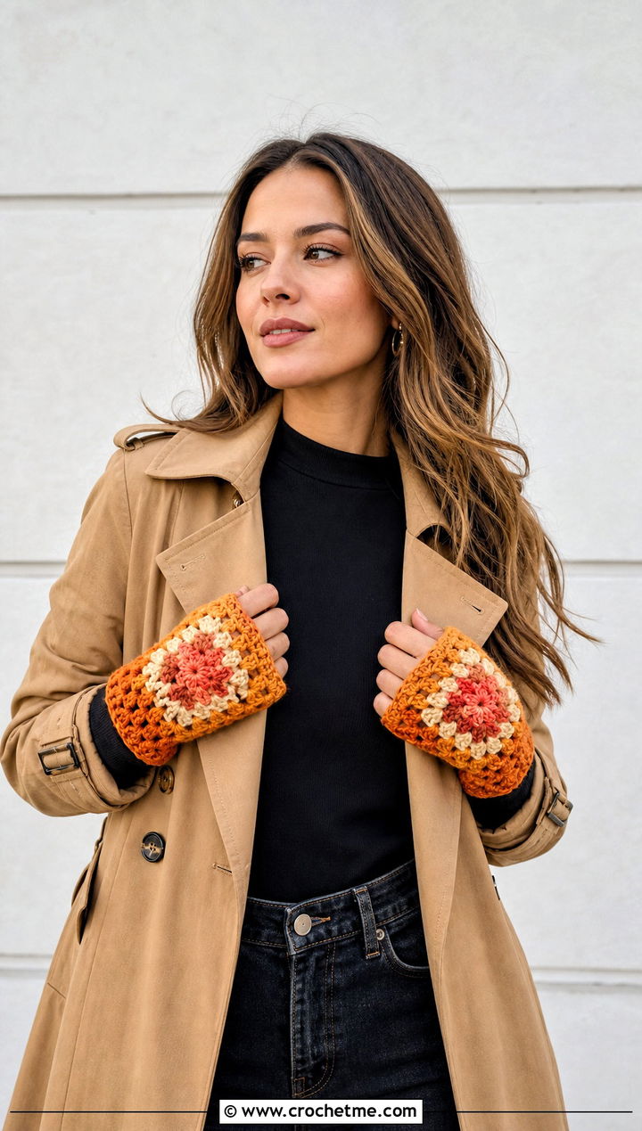 Sunburst Granny Square Fingerless Gloves With Trench Coat - 30 crochet granny square fingerless gloves outfit ideas