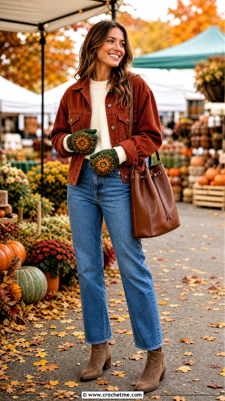 Sunburst Granny Square Gloves With Corduroy Jacket - 35 crochet hand gloves outfit ideas