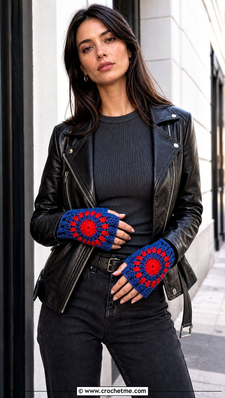 Sunburst Granny Square Gloves With Leather Jacket - 20 Fingerless Granny Square Gloves outfit ideas
