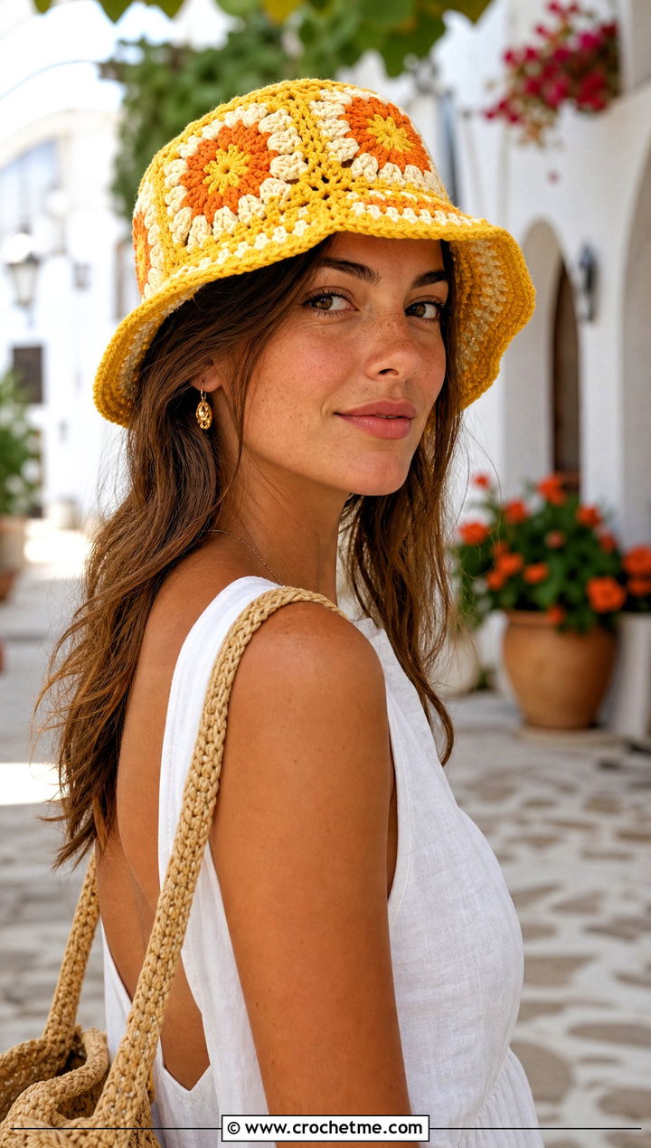 Sunburst Granny Square Hat With Linen Dress - 25 Easy Crochet Granny Square Hats outfit ideas