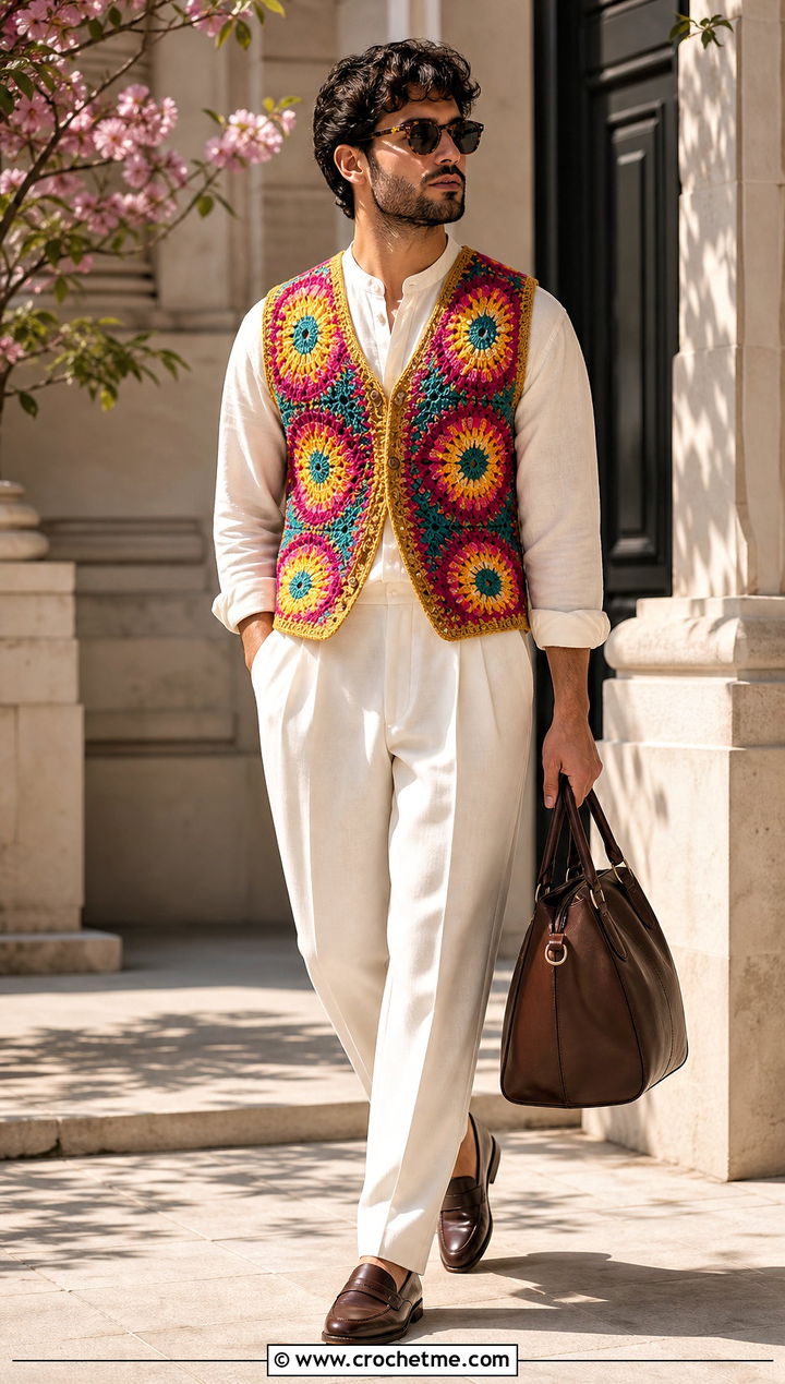Sunburst Granny Square Mens Vest With Cream Tailoring - 25 crochet granny square mens vest outfit ideas