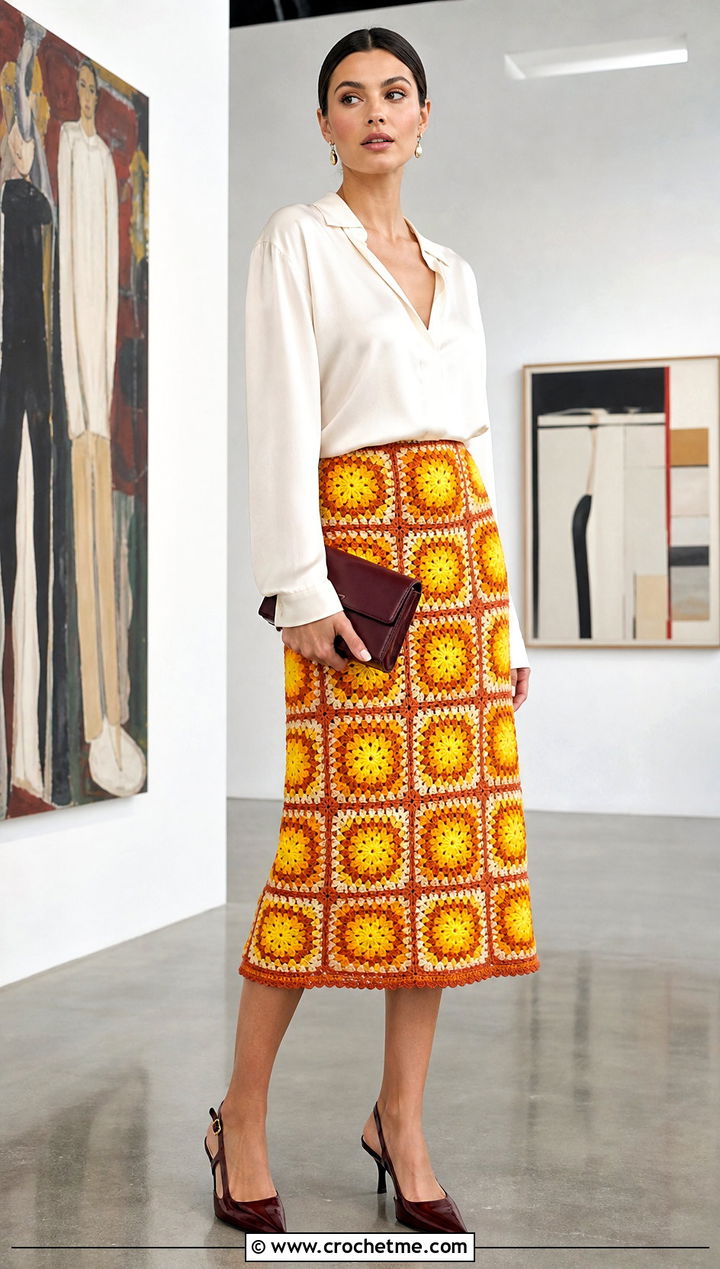 Sunburst Granny Square Midi Skirt With Silk Blouse - 30 granny square crochet skirt outfit ideas