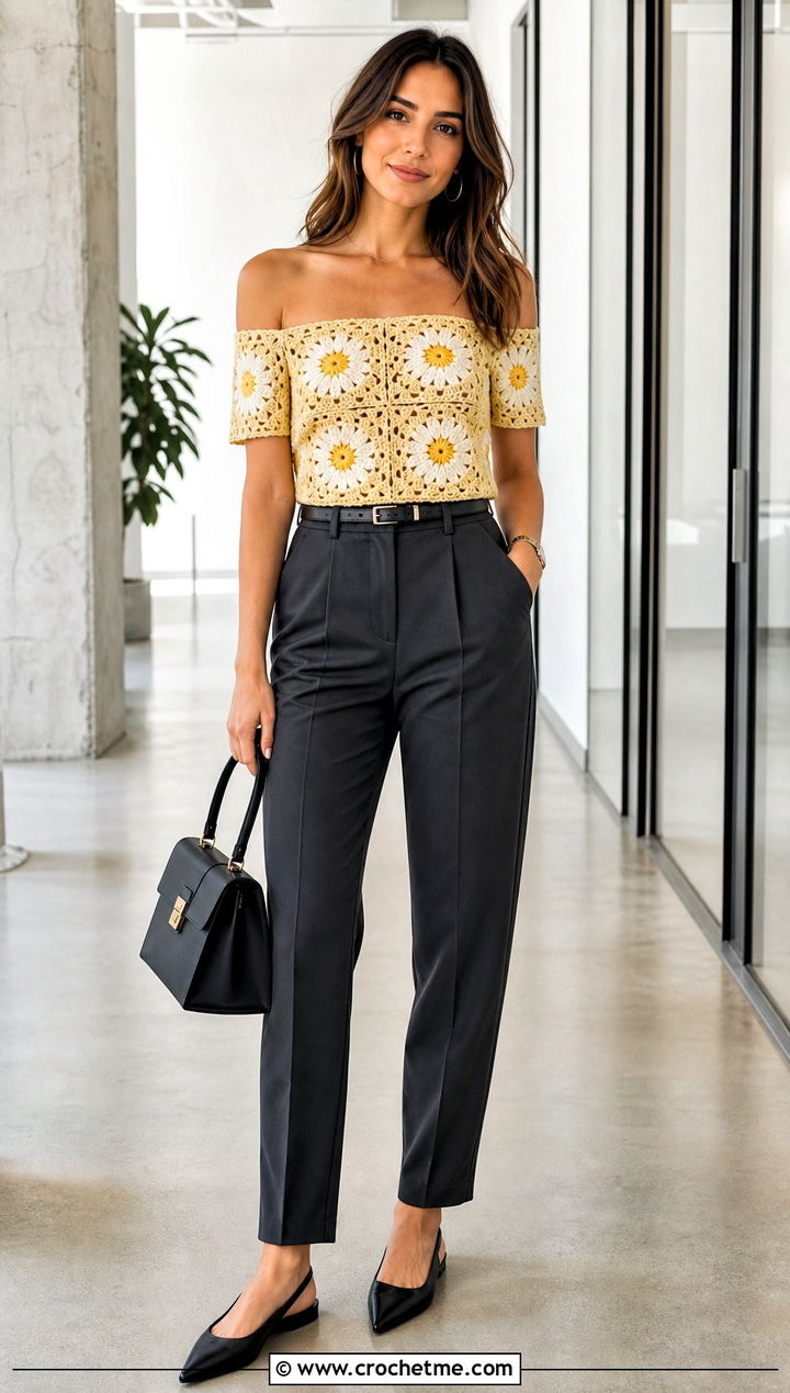 Sunburst Granny Square Off The Shoulder Top With Tailored Trousers - 15 Crochet Off The Shoulder Granny Square Top outfit ideas