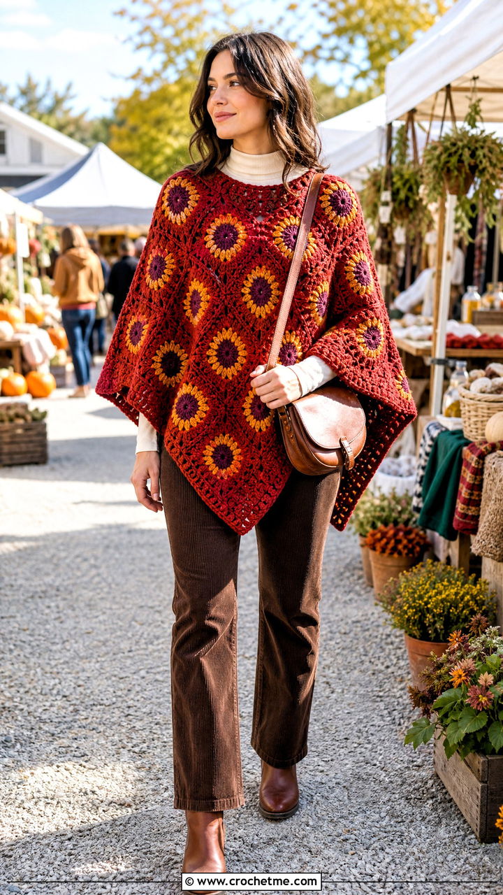 Sunburst Granny Square Poncho With Corduroy Pants - 35 crochet granny square poncho outfit ideas