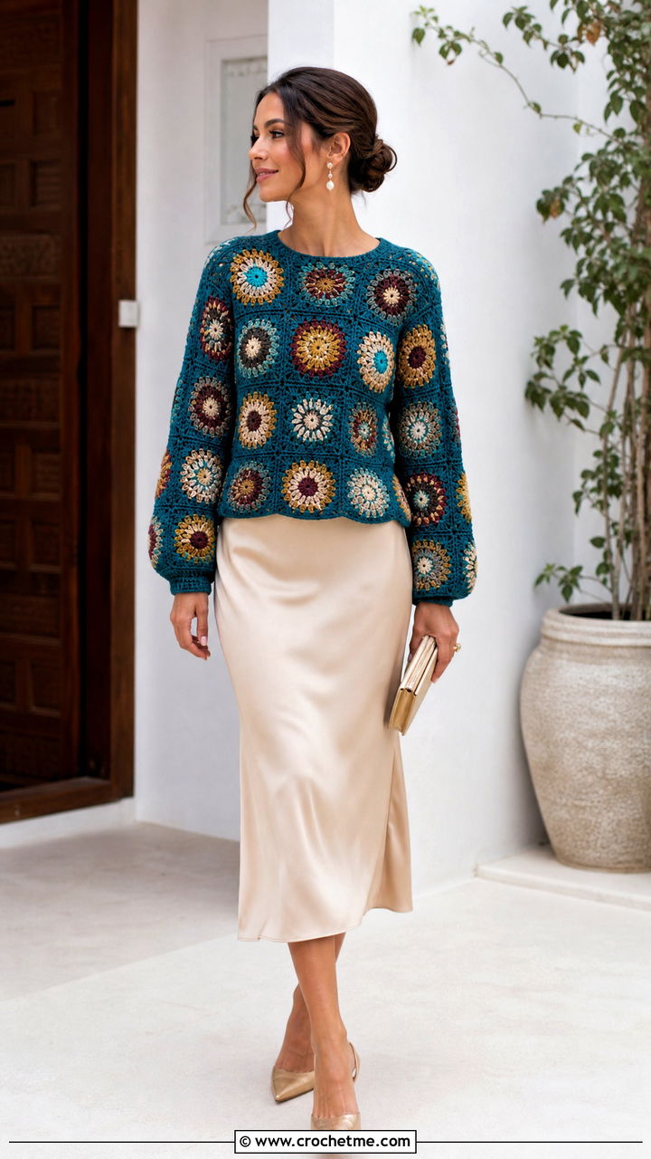 Sunburst Granny Square Pullover With Satin Midi Skirt - 35 crochet granny square pullover outfit ideas
