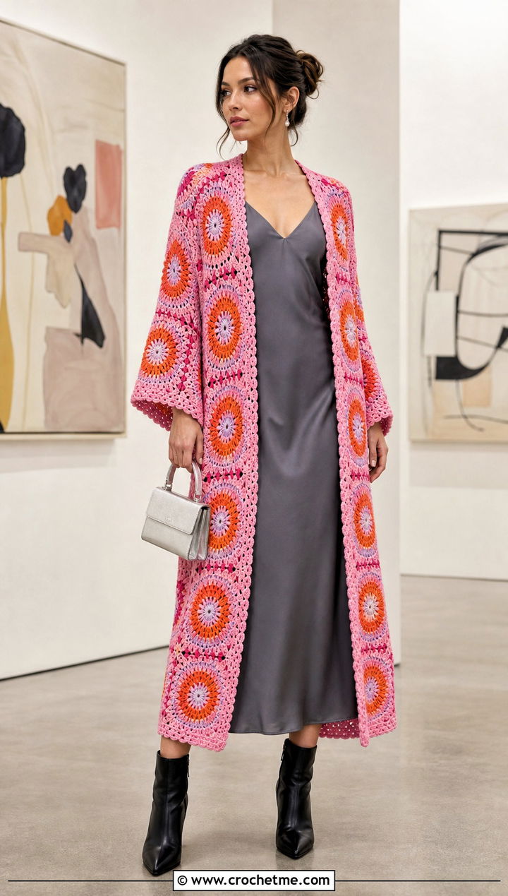 Sunburst Granny Square Ruana With Slip Dress - 25 Granny Square Ruana outfit ideas