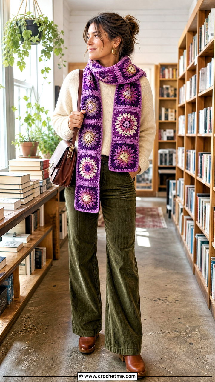 Sunburst Granny Square Scarf With Cream Sweater And Corduroy Pants - 35 granny square scarf outfit ideas