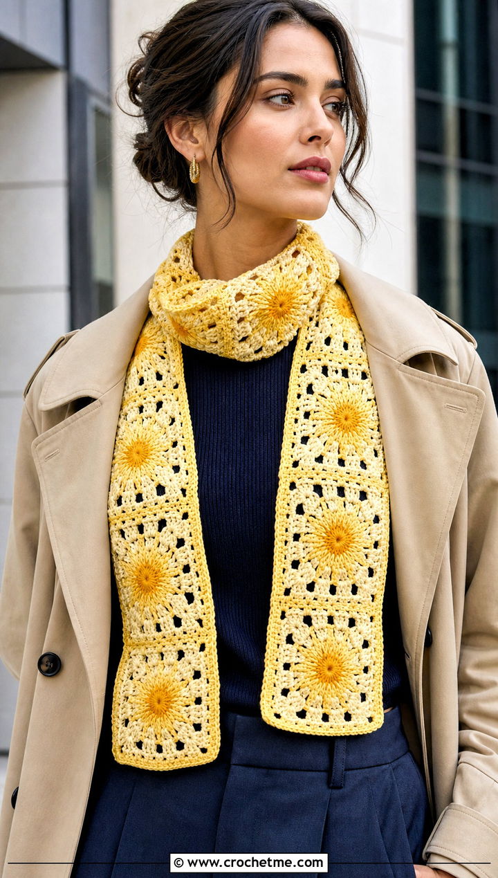 Sunburst Granny Square Scarf With Trench Coat And Trousers - 30 crochet scarf squares outfit ideas