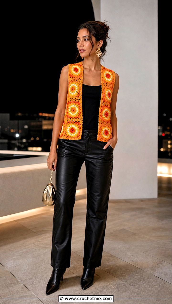 Sunburst Granny Square Sleeveless Vest With Leather Pants - 20 Granny Square Sleeveless Vest outfit ideas