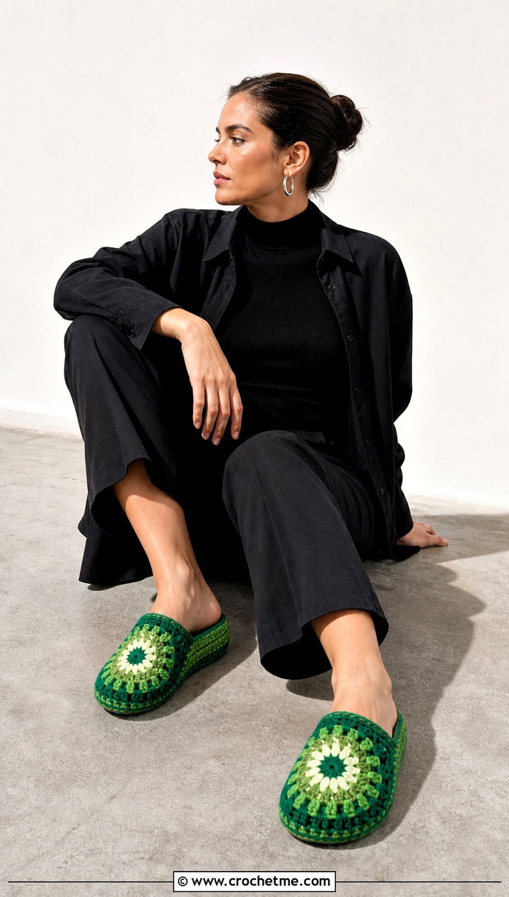 Sunburst Granny Square Slippers With Black Separates - 20 Easy Granny Square Crochet Slippers outfit ideas
