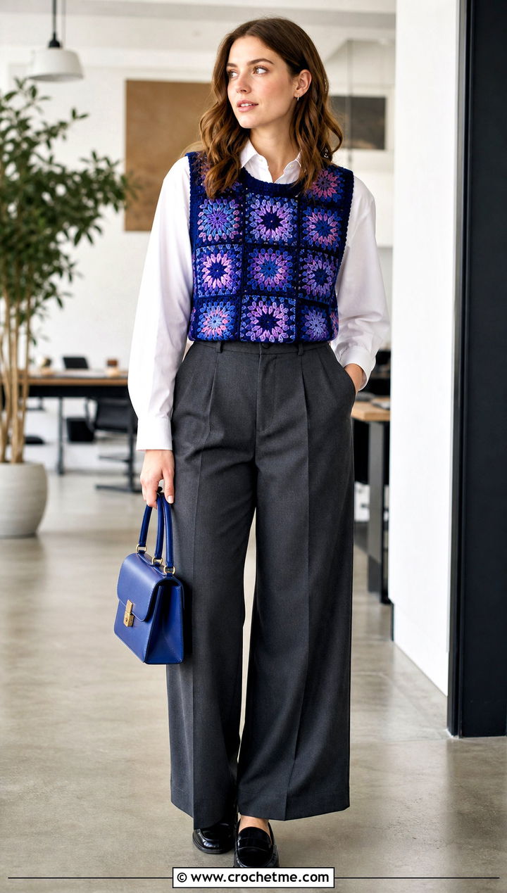 Sunburst Granny Square Sweater Vest With Tailored Trousers - 15 Crochet Granny Square Sweater Vest outfit ideas