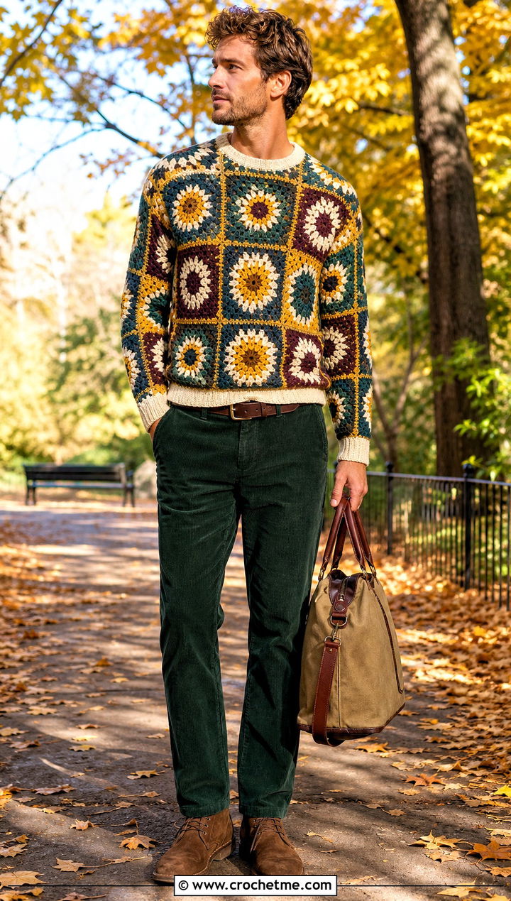 Sunburst Granny Square Sweater With Corduroy Pants - 25 Crochet Granny Square Sweater For Men outfit ideas