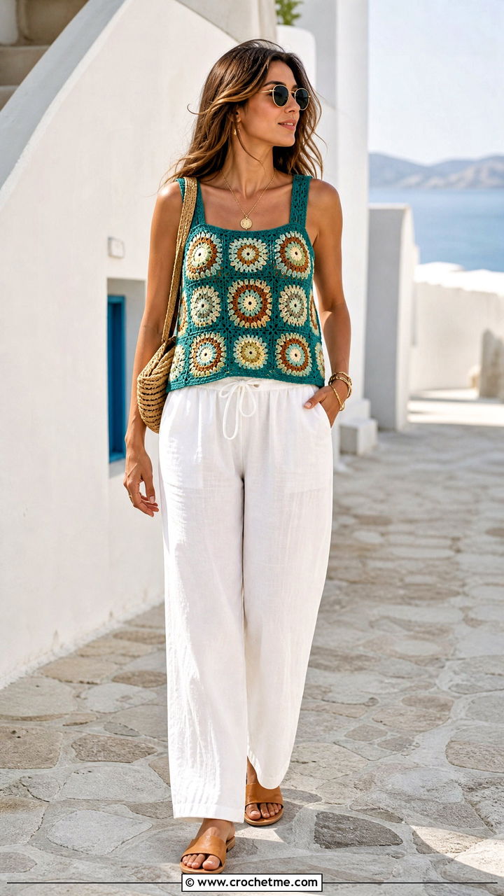 Sunburst Granny Square Tank Top With Linen Pants - 35 granny square top outfit ideas