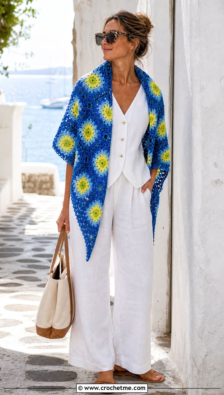 Sunburst Granny Square Triangle Shawl With Linen Set - 30 granny square triangle shawl outfit ideas