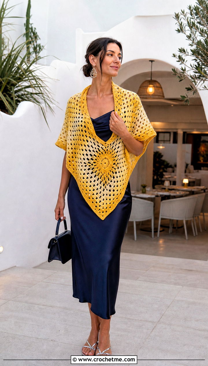 Sunburst Granny Square Triangle Shawl With Slip Dress - 30 granny square wrap outfit ideas