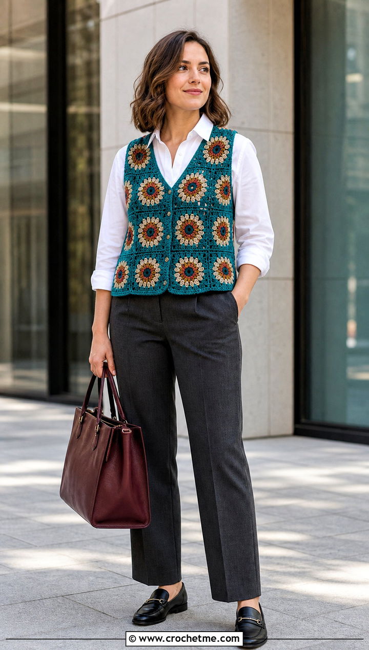 Sunburst Granny Square Vest With Tailored Trousers - 30 crochet granny square clothing and outfit ideas