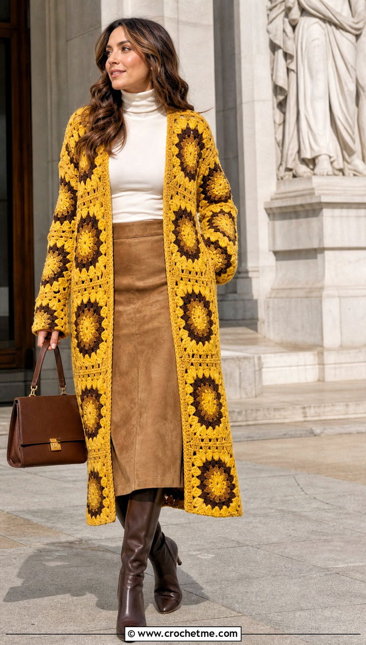 Sunburst Long Granny Square Cardigan With Suede Skirt - 35 long granny square cardigan outfit ideas