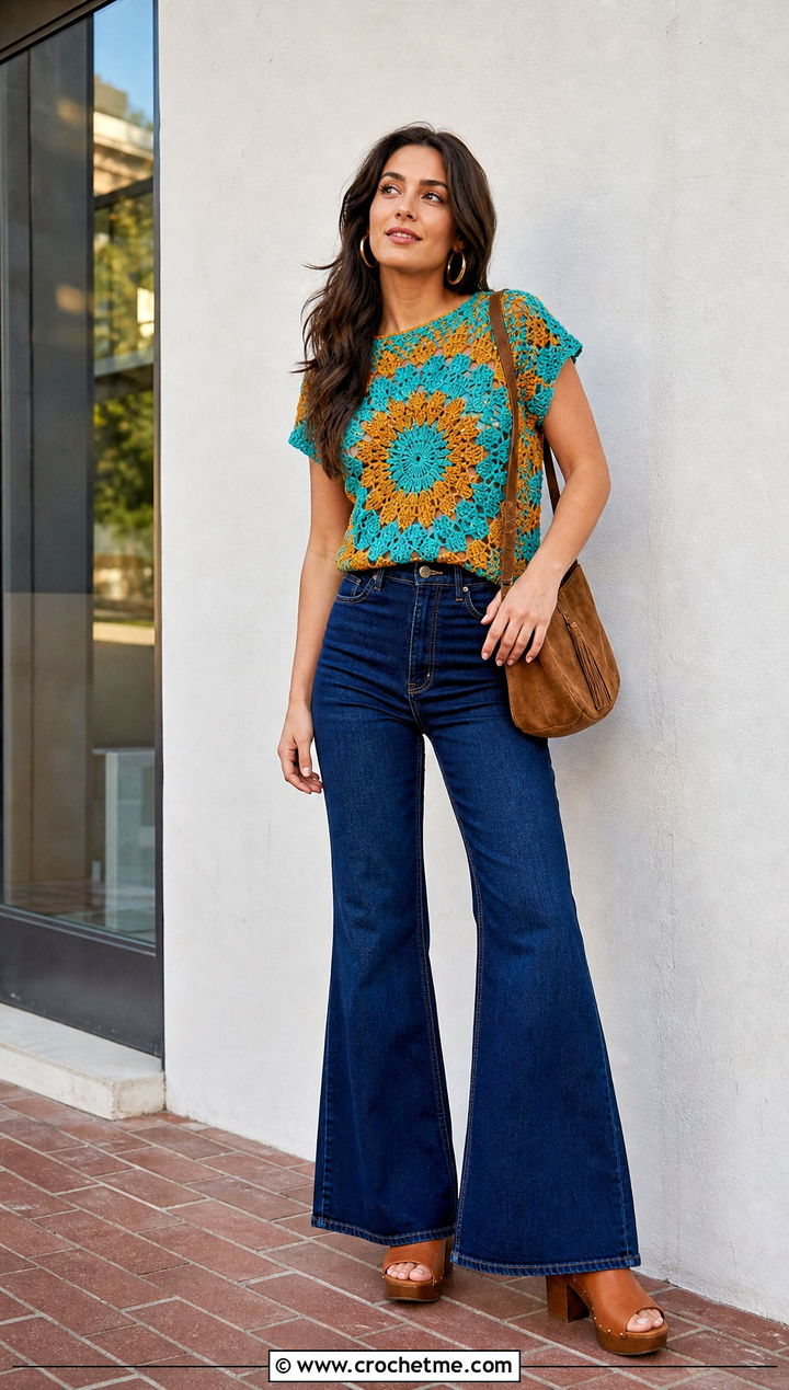 Sunburst Motif Crochet Tee With Flared Jeans - 35 crochet tee outfit ideas
