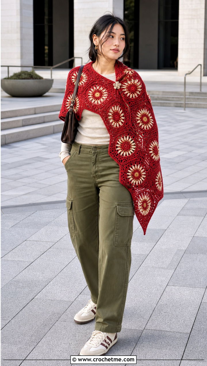 Sunburst Motif Hexagon Shawl With Cargo Pants - 20 Crochet Hexagon Shawl outfit ideas