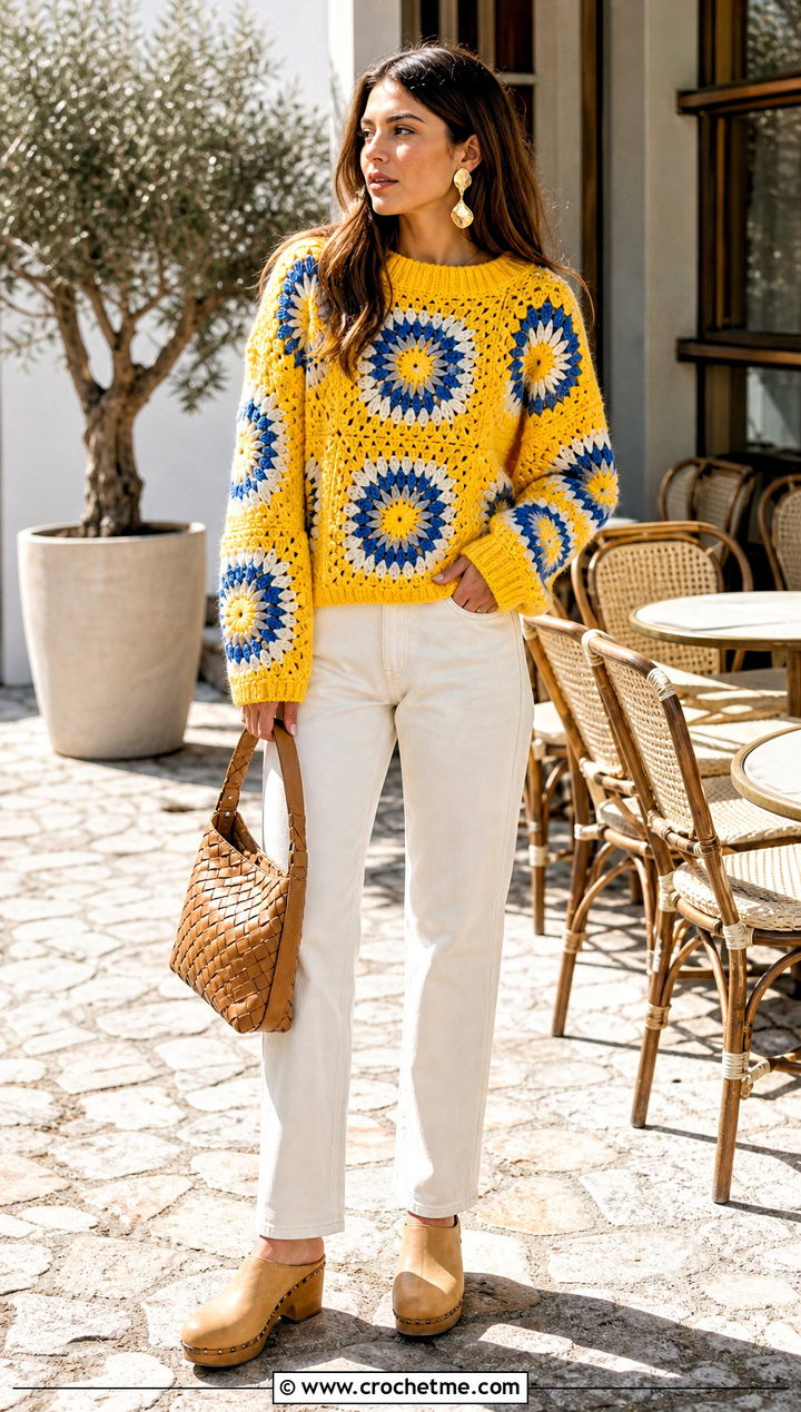 Sunburst Oversized Granny Square Sweater With White Jeans - 30 oversized granny square sweater outfit ideas