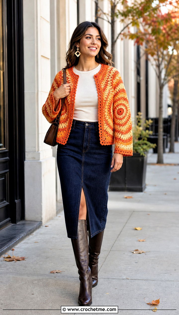 Sunburst Round Crochet Cardigan With Denim Midi Skirt - 35 round crochet cardigan outfit ideas