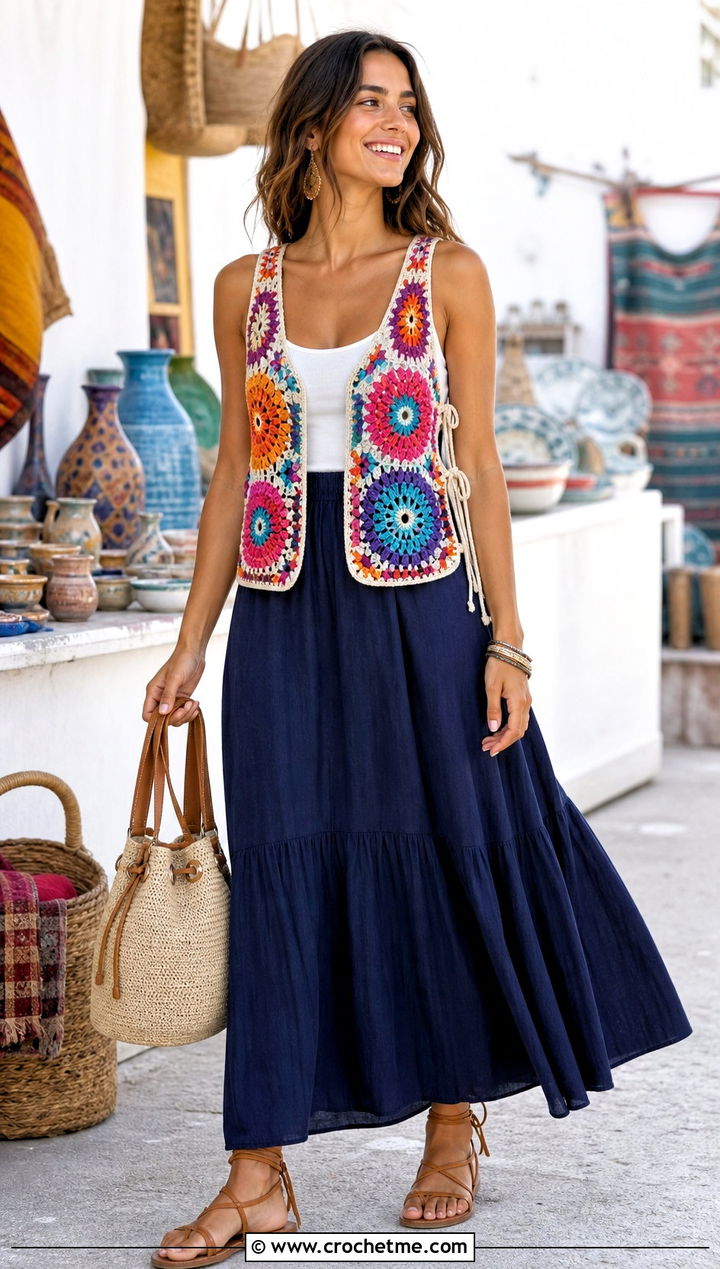 Sunburst Side Tie Crochet Vest With Maxi Skirt - 30 crochet vest tie sides outfit ideas