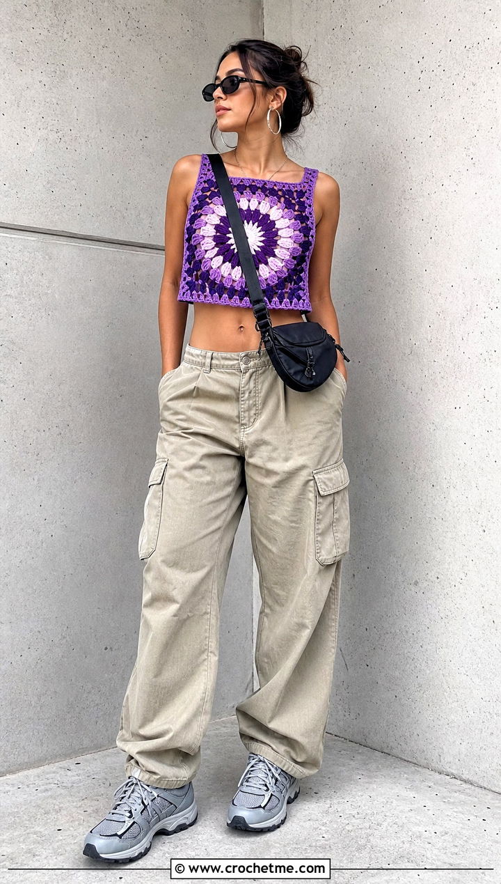 Sunburst Single Granny Square Crop Top With Cargo Pants - 25 single granny square top outfit ideas