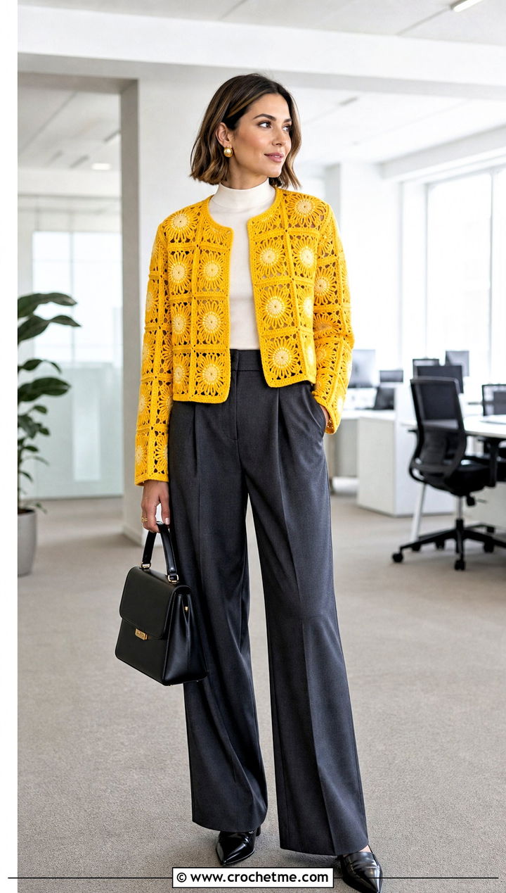 Sunburst Square Jacket With Wide Leg Trousers - 30 crochet square jacket outfit ideas
