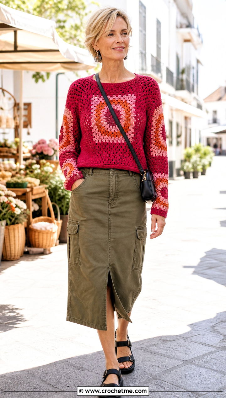 Sunburst Square Jumper With Utility Skirt - 30 crochet square jumper outfit ideas