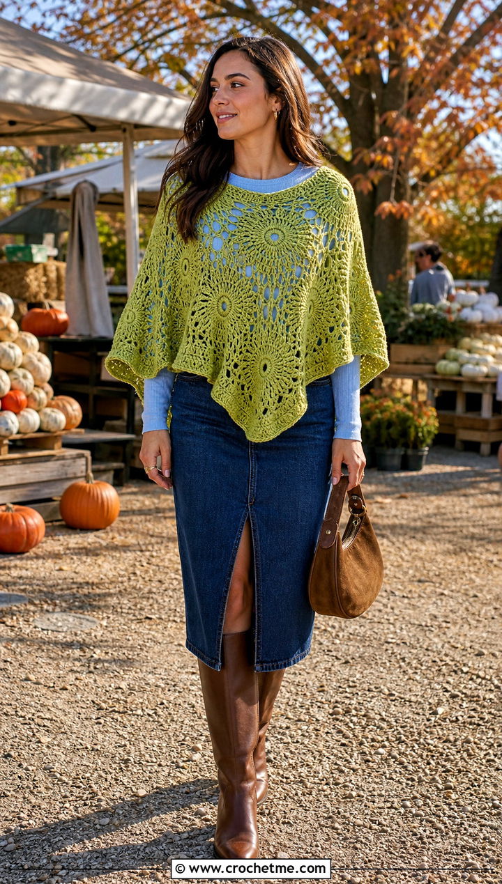 Sunburst Square Poncho With Denim Midi Skirt - 30 crochet square poncho outfit ideas