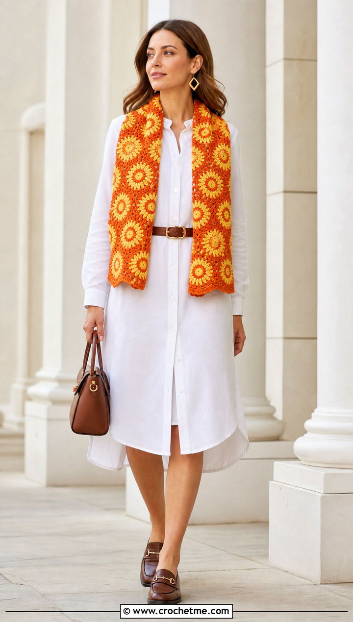 Sunburst Tapestry Crochet Scarf With White Shirt Dress - 35 tapestry crochet scarf outfit ideas