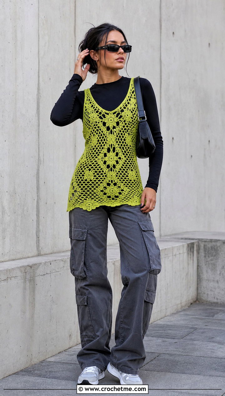 Sundrop Crochet Dress With Cargo Pants And Trainers - 15 sundrop crochet dress outfit ideas