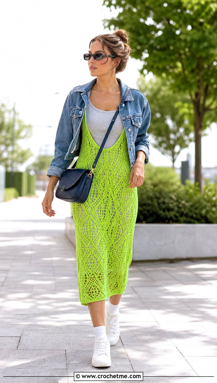 Sundrop Crochet Dress With Denim Jacket And Sneakers - 15 sundrop crochet dress outfit ideas