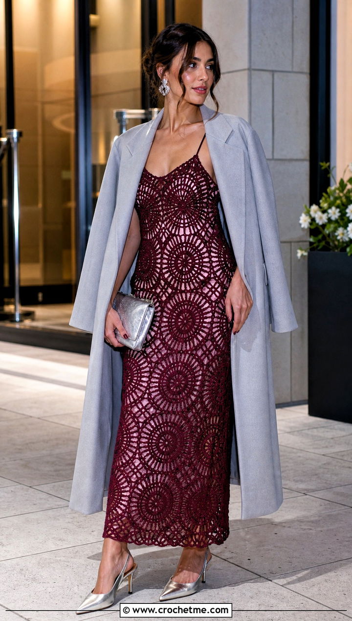 Sundrop Crochet Dress With Long Coat And Metallic Accessories - 15 sundrop crochet dress outfit ideas