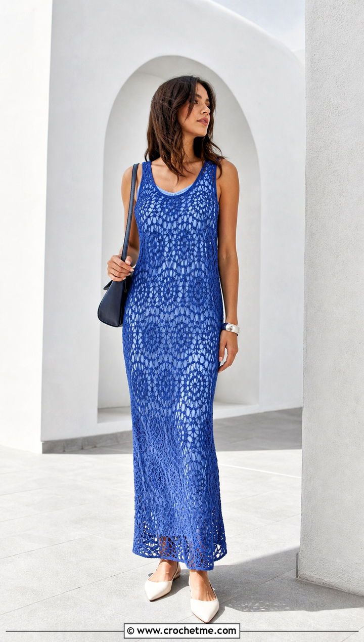 Sundrop Crochet Dress With Monochrome Underdress And Flats - 15 sundrop crochet dress outfit ideas