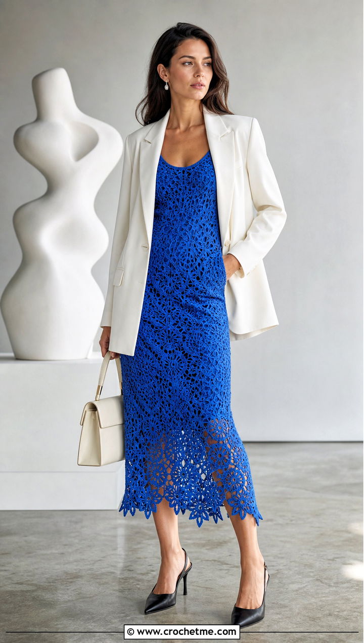 Sundrop Crochet Dress With Oversized Blazer - 15 sundrop crochet dress outfit ideas