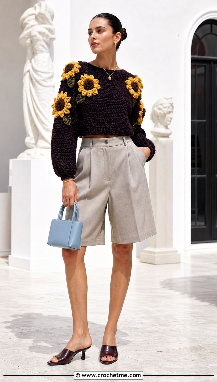 Sunflower Amigurumi Sweater With Tailored Shorts - 30 amigurumi sweater outfit ideas