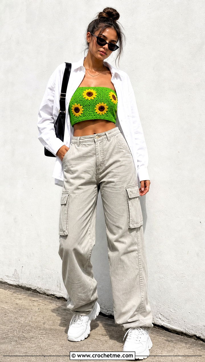Sunflower Bandeau Top With Cargo Pants And Oversized Shirt - 35 crochet sunflower top outfit ideas