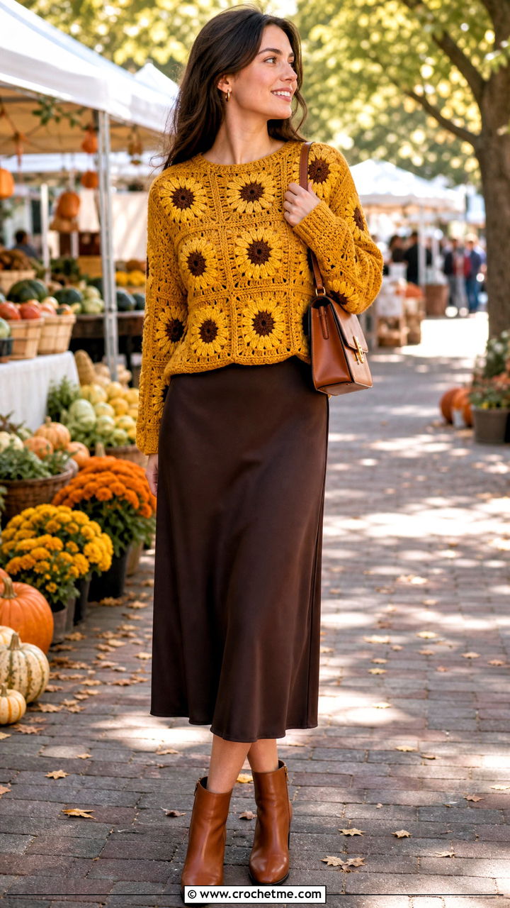 Sunflower Big Granny Square Sweater With Brown Midi Skirt - 35 big granny square sweater outfit ideas