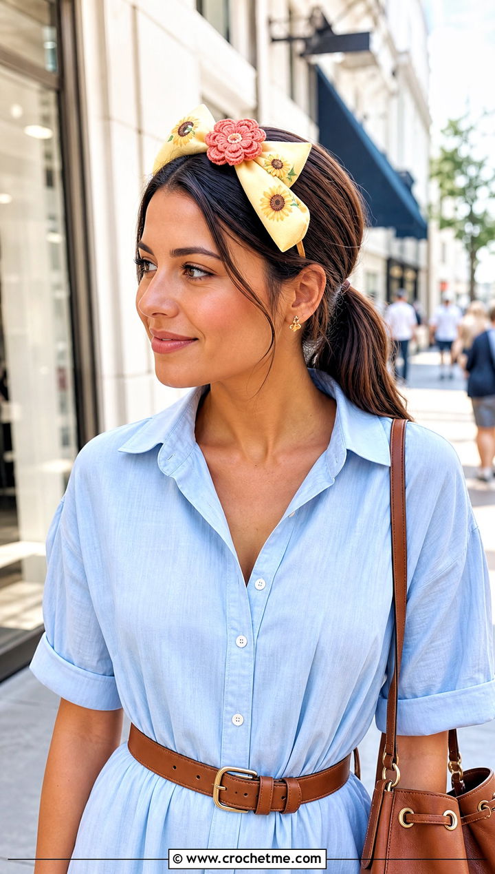 Sunflower Bow Headband With Shirt Dress - 25 Crochet Sunflower Headband outfit ideas