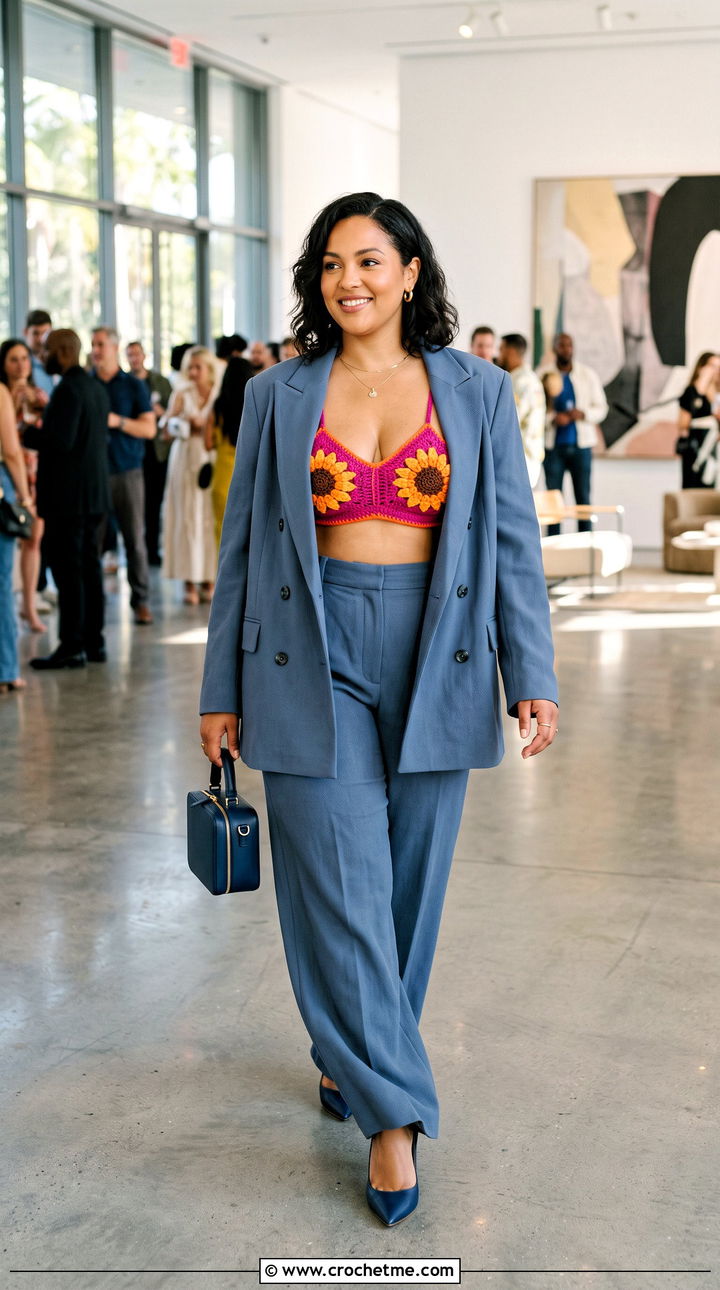 Sunflower Bralette Top With Oversized Pantsuit - 35 crochet sunflower top outfit ideas