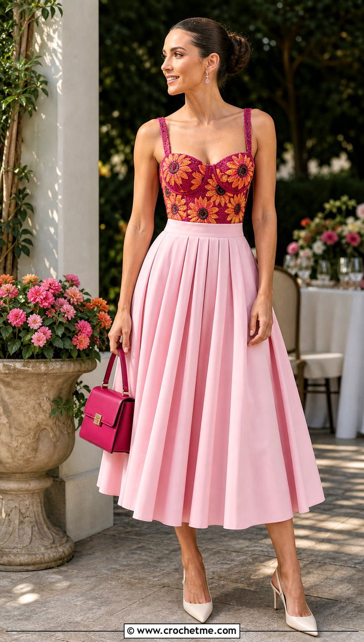 Sunflower Bustier Top With Full Midi Skirt - 35 crochet sunflower top outfit ideas
