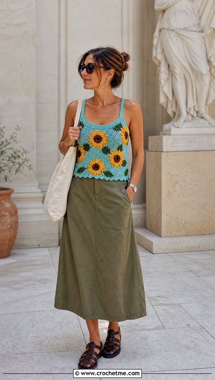 Sunflower Camisole Tank Top With Utility Skirt - 15 crochet sunflower tank top outfit ideas