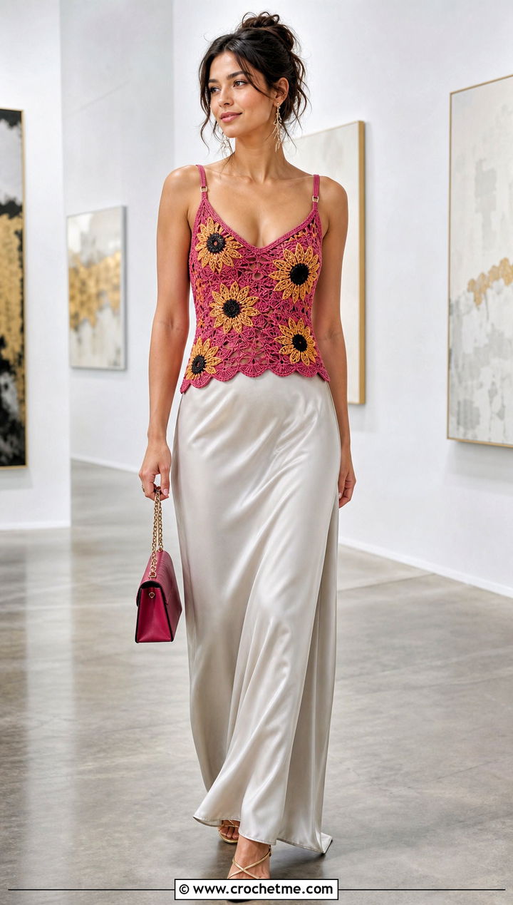 Sunflower Camisole Top With Satin Maxi Skirt - 35 crochet sunflower top outfit ideas